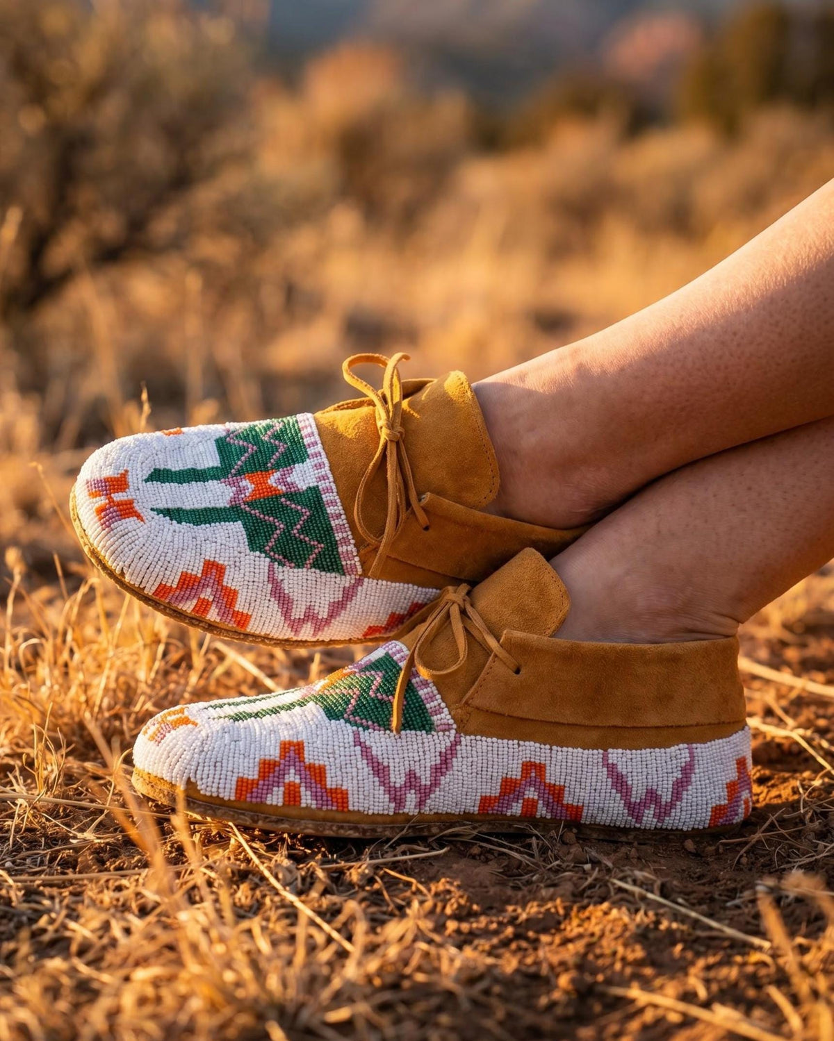 Hand-beaded lace-up moccasins with a turquoise vamp and a brown stepped triangle border pattern