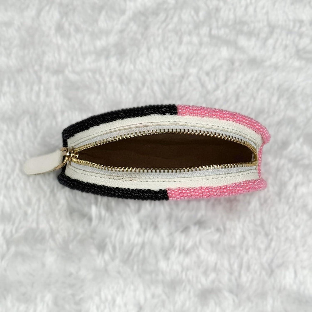 Handmade Coin Purse. Pink & Black Beaded Hand Pouch For Essentials.