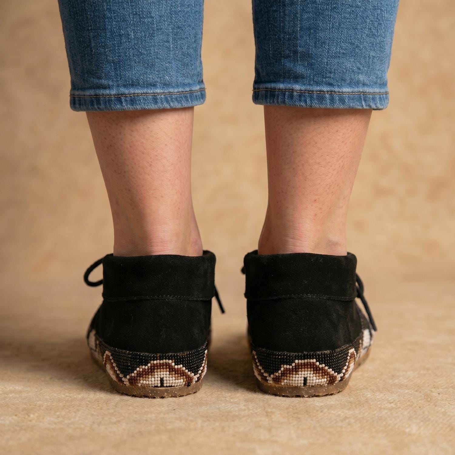 Outdoors Black Suede Beaded Moccasins. Authentic Lace Up Leather Shoes For Women