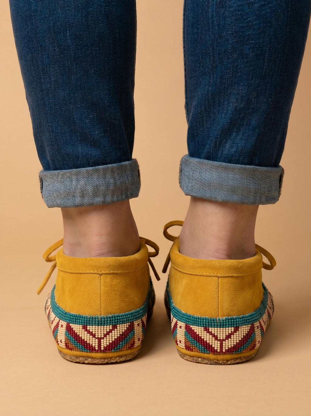 Handmade Beaded Leather Lace Up Moccasins, Native Style Beadwork Pattern, Tan Suede Shoes Suitable For Outdoor Wear And Dancing.