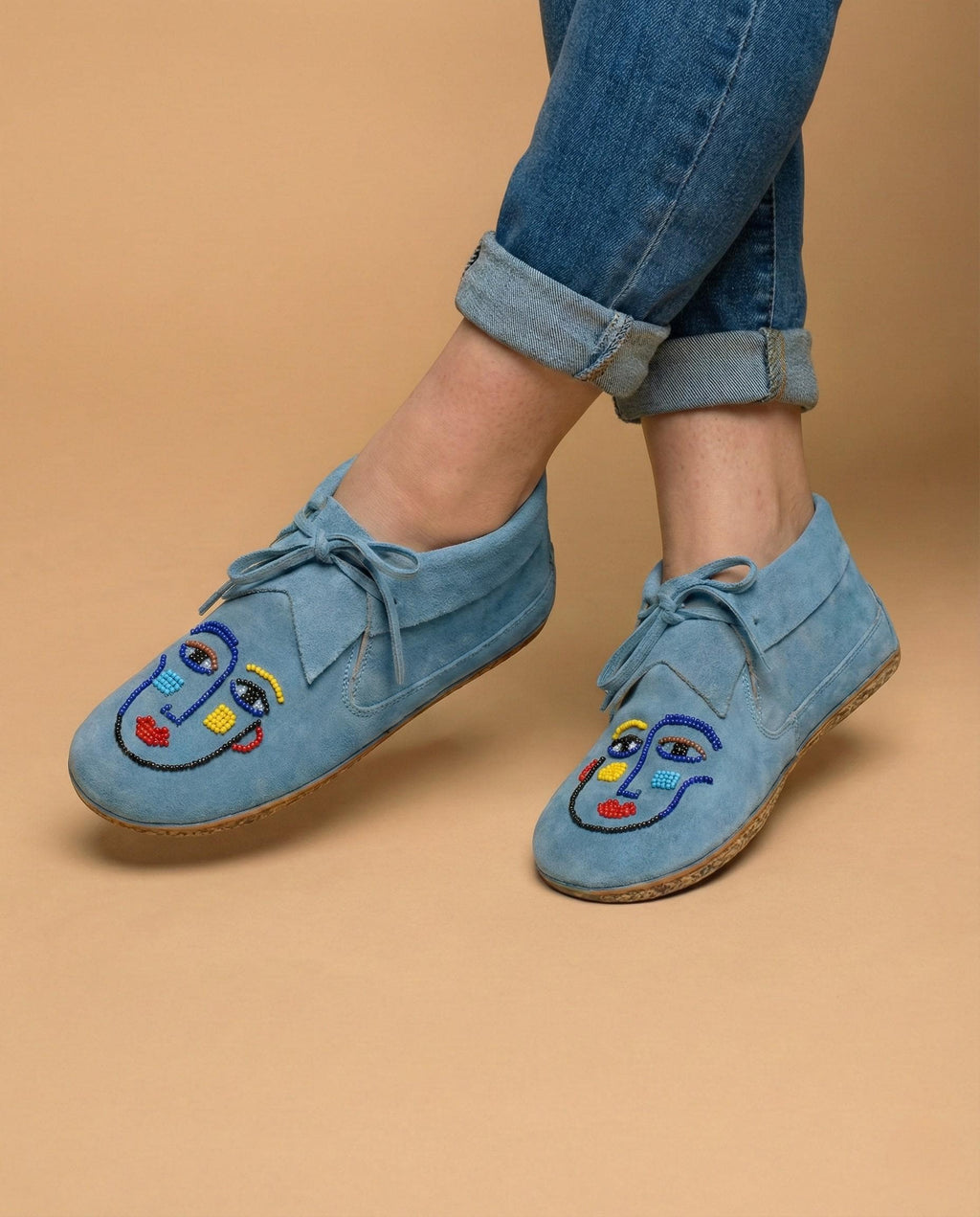 Handmade Womens Suede Moccasins. Stylish Modern Beaded Leather Shoes Suitable For Outdoor Wear.