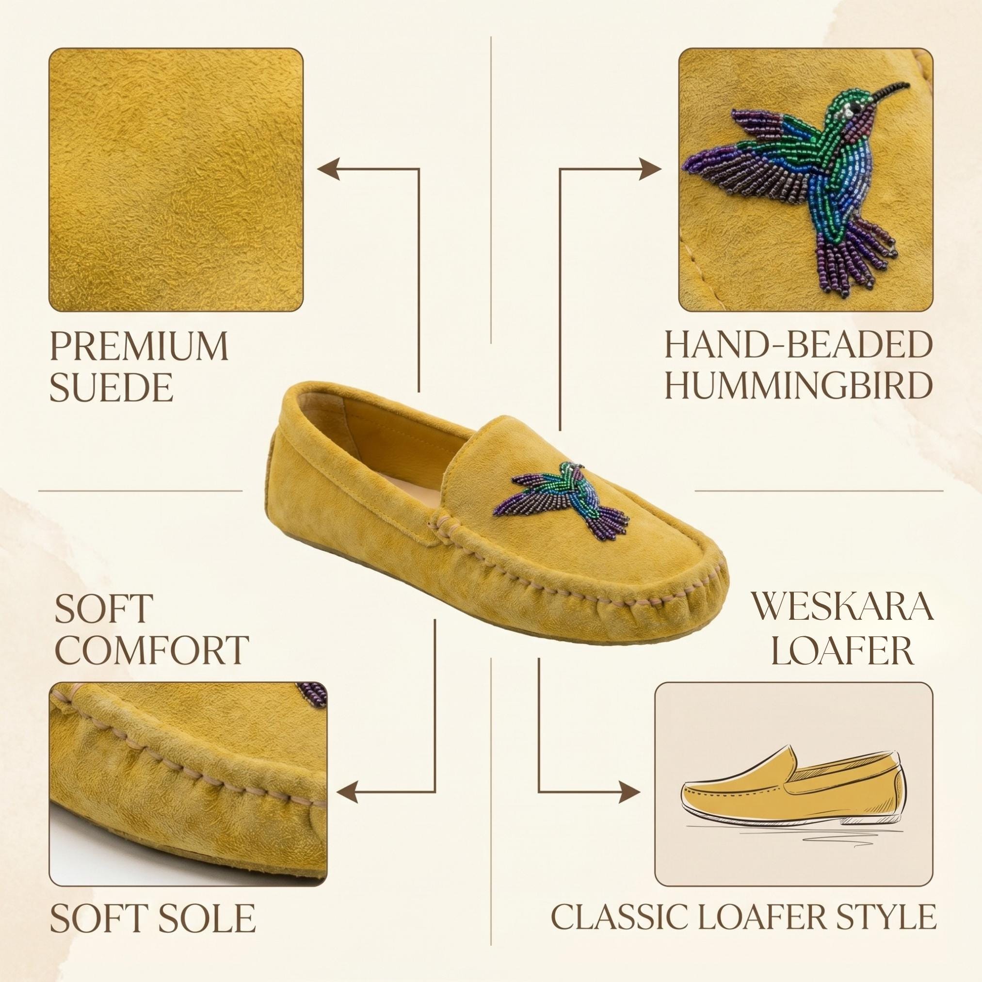 Hummingbird Beaded Leather Moccasins - Handmade Native American Style Shoes For Women. Suitable For Gifting