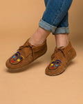 Handmade Brown Suede Outdoor Moccasins. Stylish Modern Beaded Leather Shoes For Women
