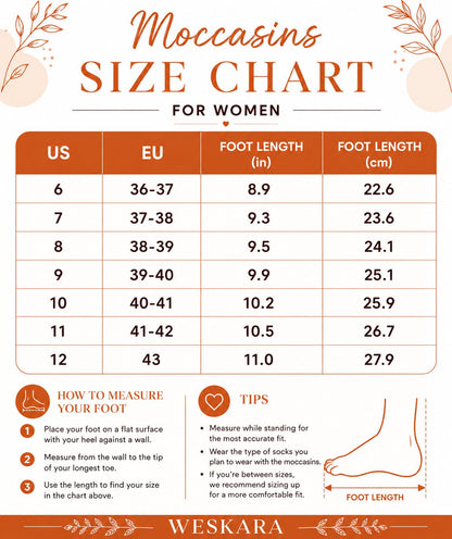Weskara women's moccasin size chart with US, EU, inch and centimeter foot length measurements