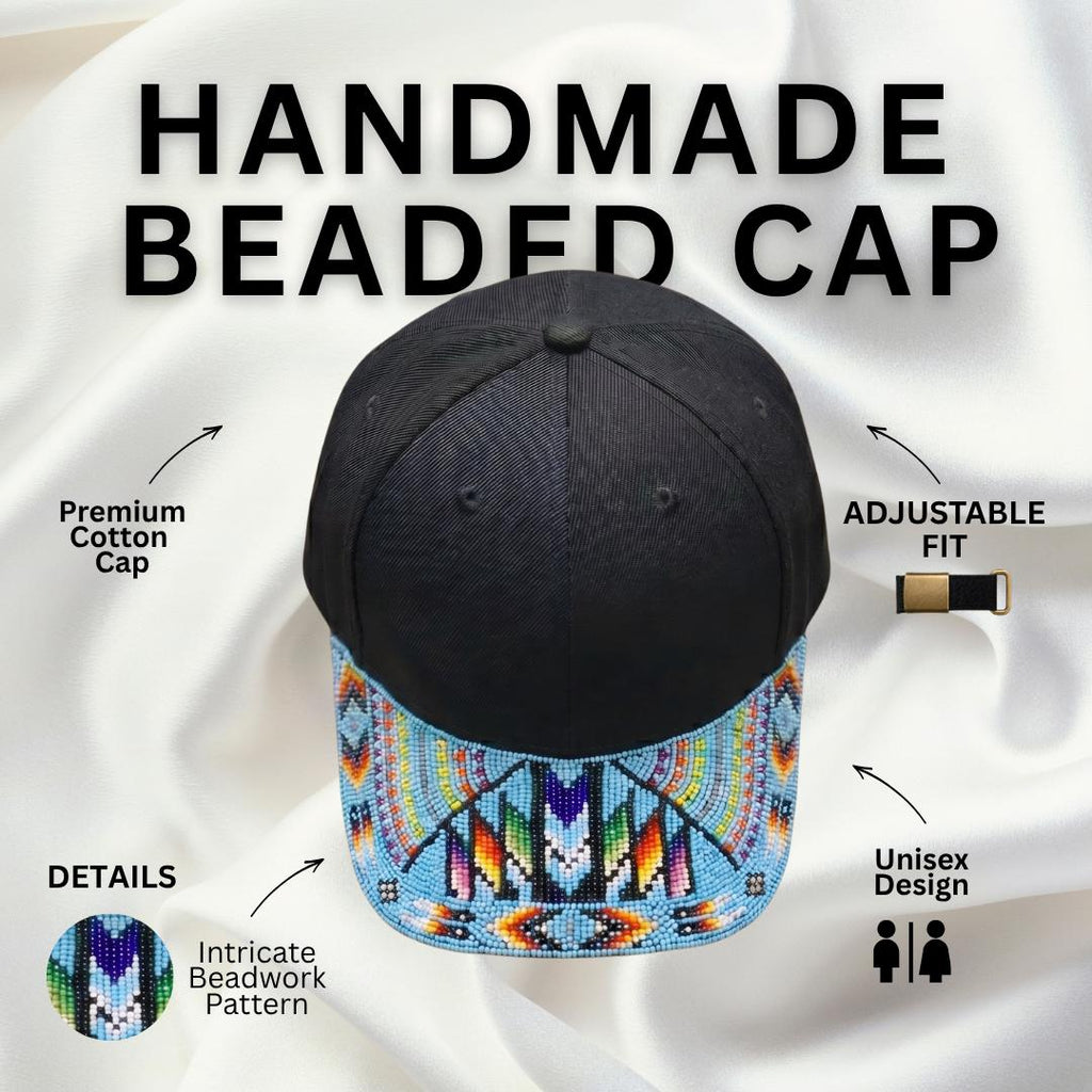 Sky Blue Rainbow Beaded Baseball Cap - Handmade Native American Style - Adjustable Unisex Cotton Hat For Men & Women