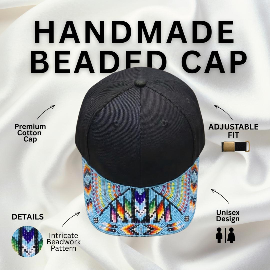 Sky Blue Rainbow Beaded Baseball Cap - Handmade Native American Style - Adjustable Unisex Cotton Hat For Men & Women