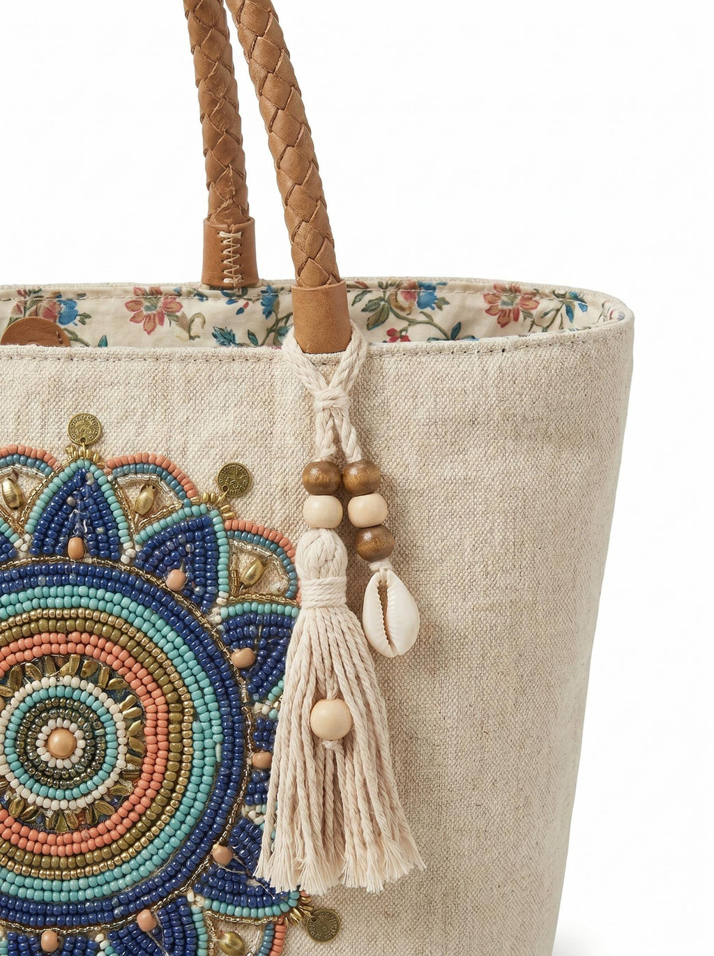 Handmade Floral Canvas Tote Bag. Beaded Large Artisan Handbag For Women