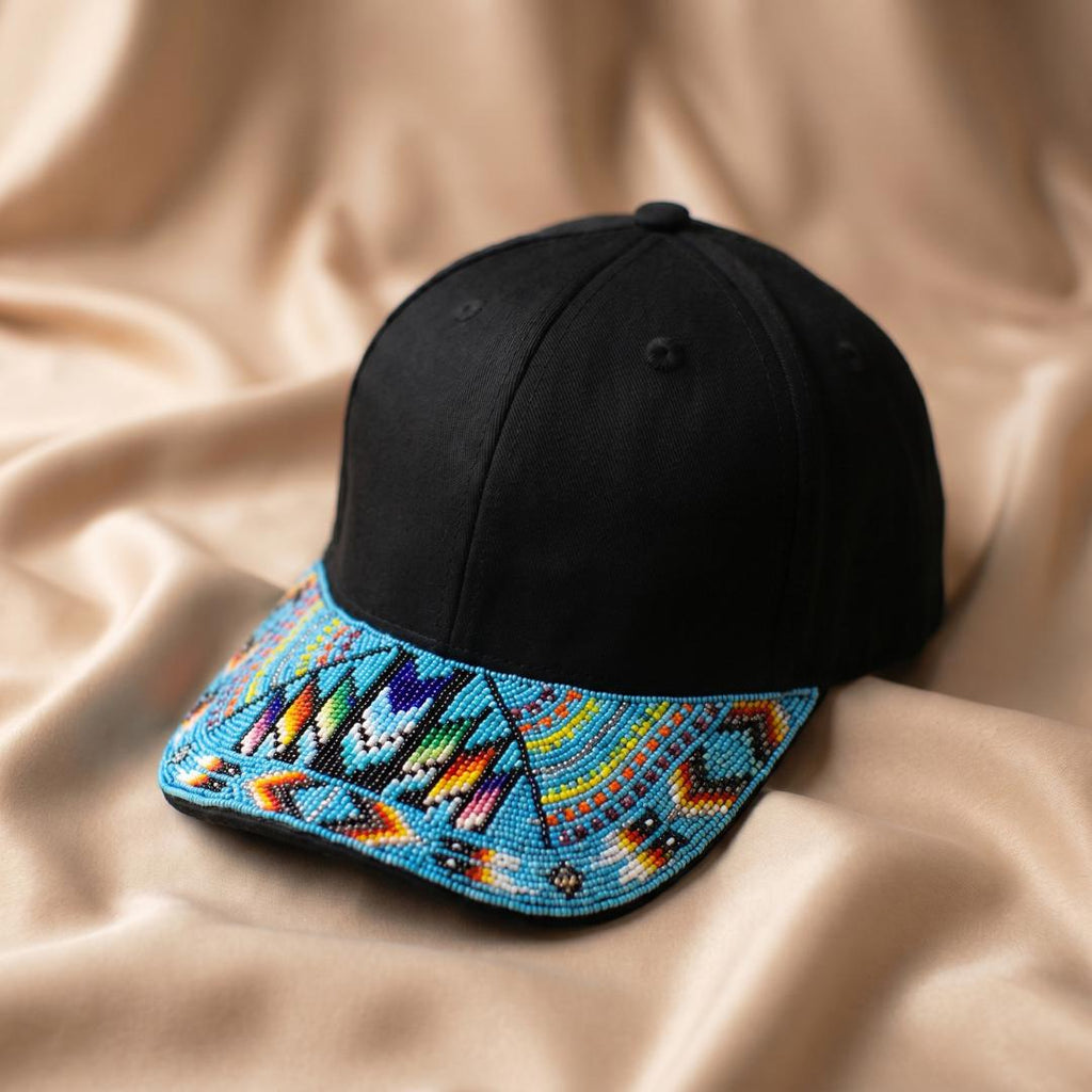 Sky Blue Rainbow Beaded Baseball Cap - Handmade Native American Style - Adjustable Unisex Cotton Hat For Men & Women