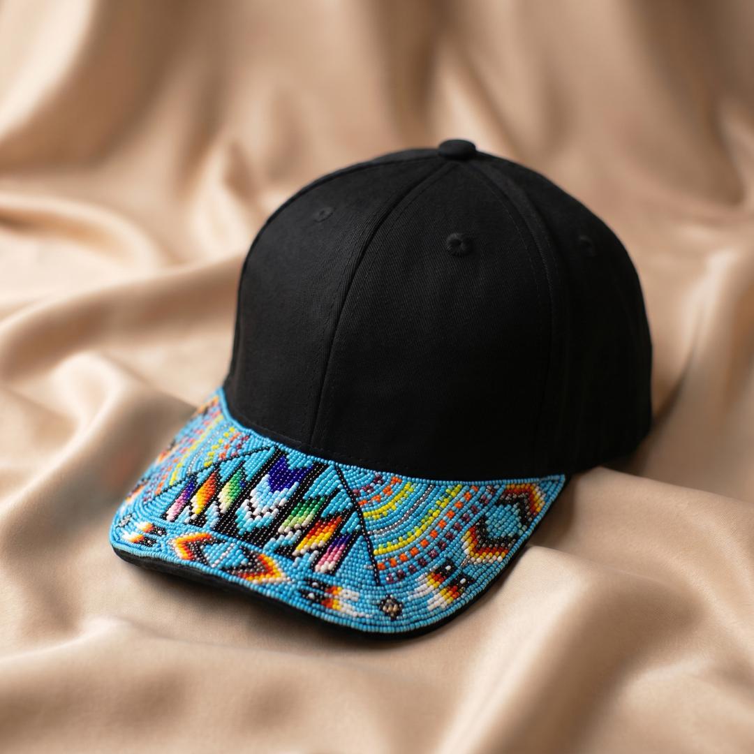 Sky Blue Rainbow Beaded Baseball Cap - Handmade Native American Style - Adjustable Unisex Cotton Hat For Men & Women
