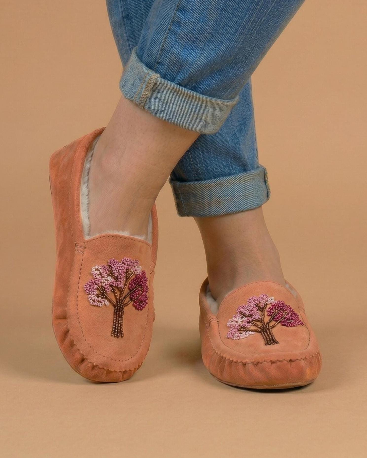 Weskara Hand Beaded Tree Moccasins Handmade Unique Soft Sole Slip on Shoes For Women