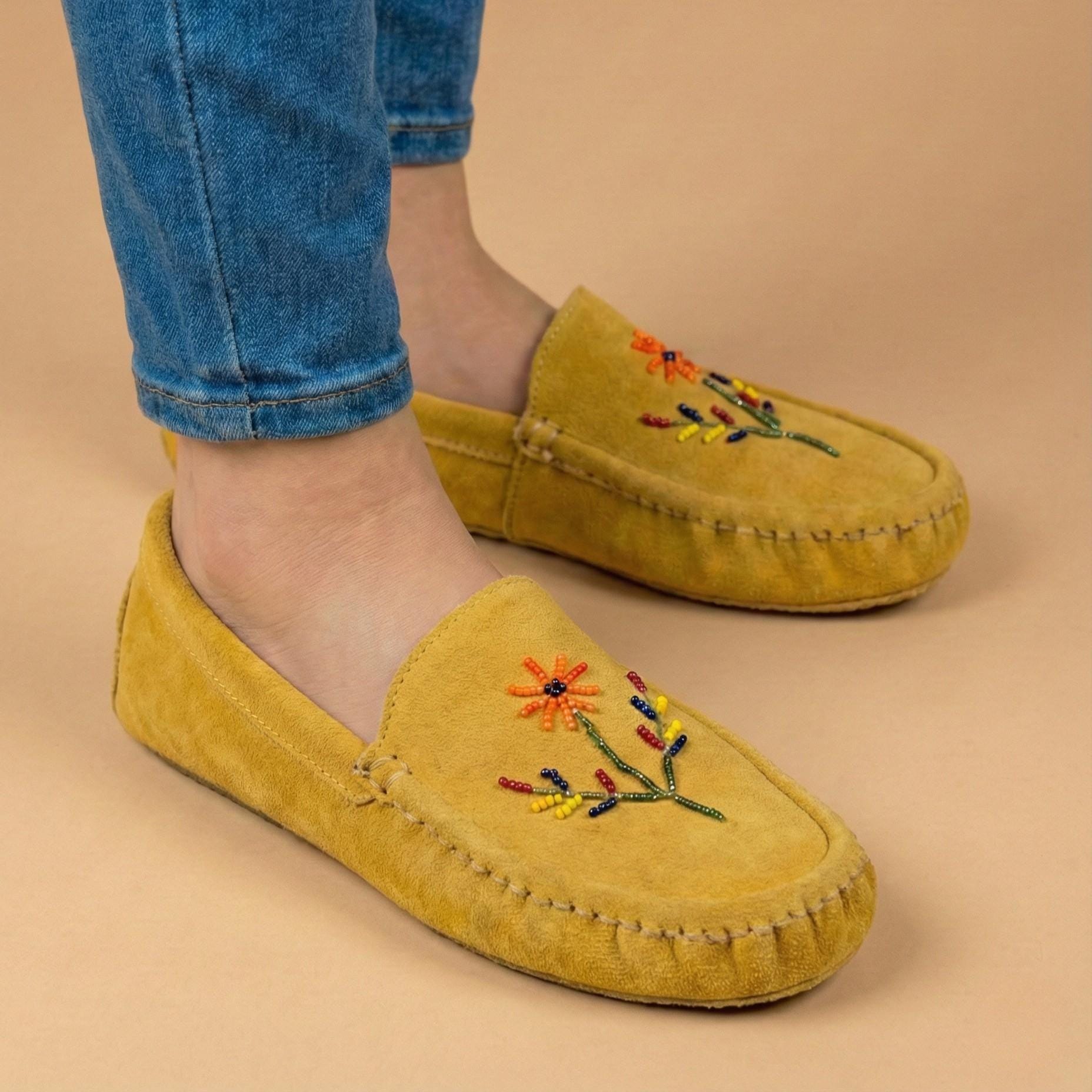 Orange Beaded Handmade Yellow Suede Moccasins - Stylish Modern Flower Design Leather Loafers.