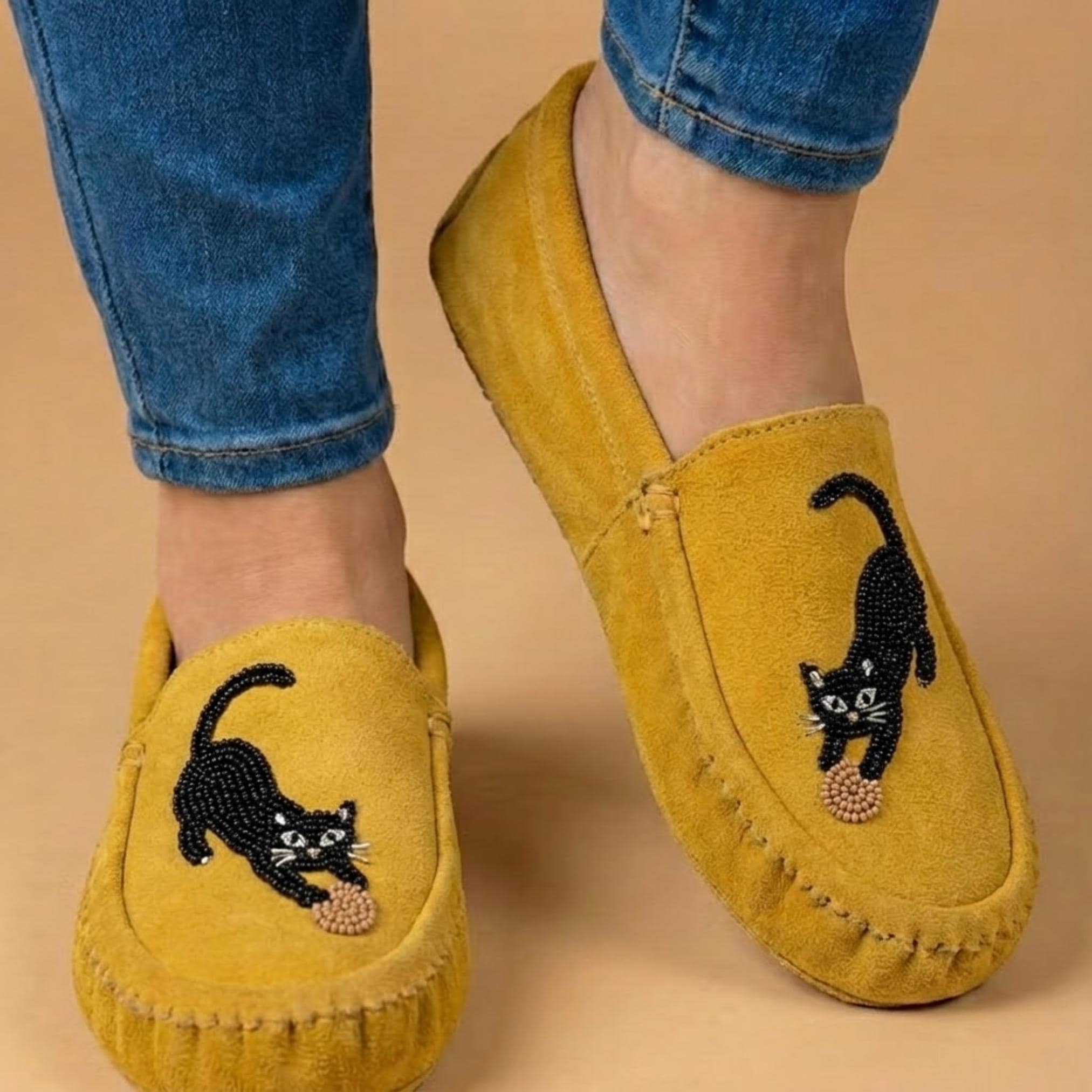 Yellow Cat Beaded Moccasins. Handmade Unique Soft Sole Slip on Shoes For Women