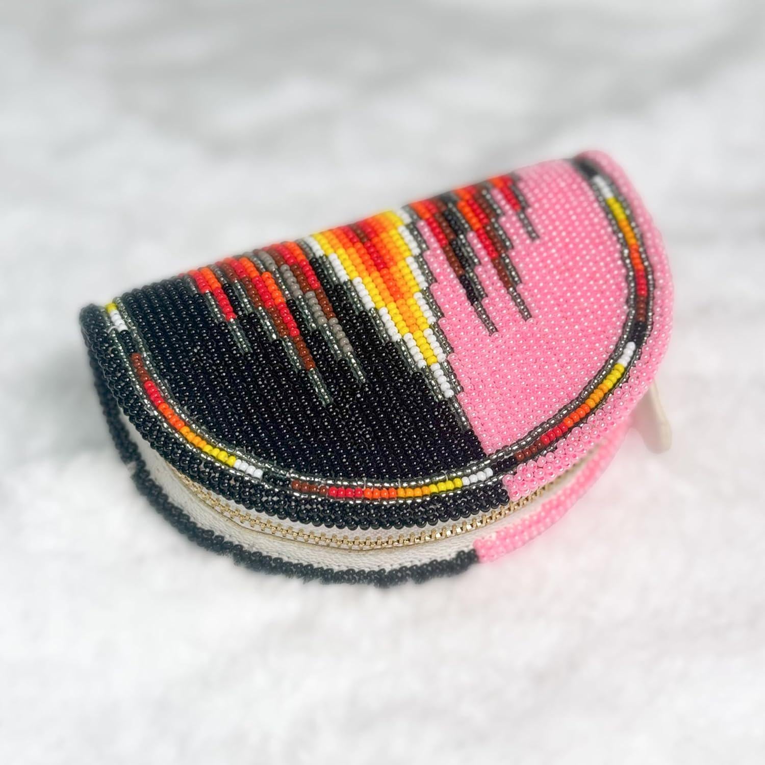 Handmade Coin Purse. Pink & Black Beaded Hand Pouch For Essentials.