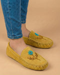 Handmade Yellow Suede Moccasins - Stylish Modern Aqua Flower Beaded Leather Loafers.