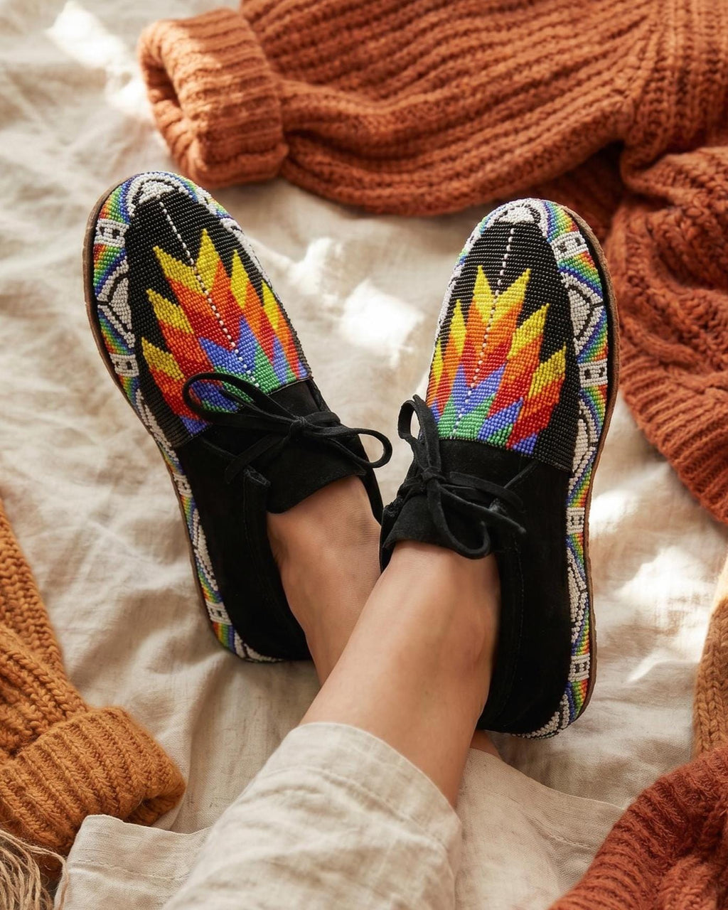Rainbow Beaded Outdoors and Dancing Black Suede Moccasins. Artisan inspired Leather Lace-up Shoes For Women. Gift For Her.