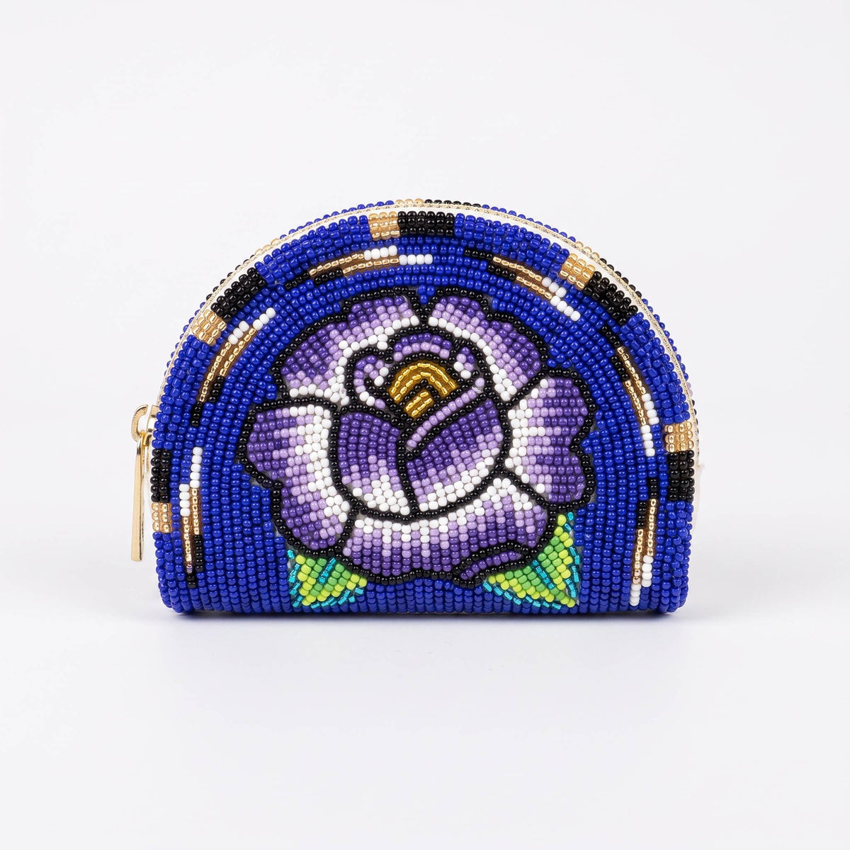 Hand-Beaded Floral Blue Coin Purse