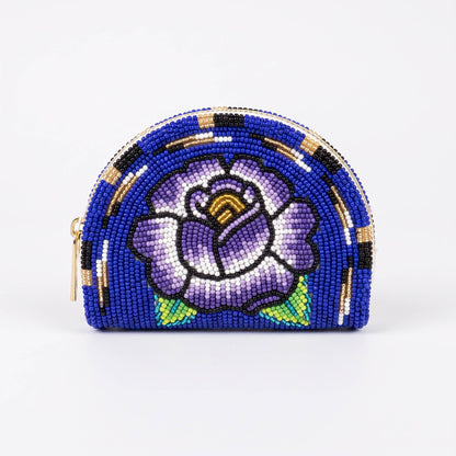 Hand-Beaded Floral Blue Coin Purse