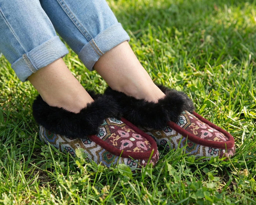 Handmade Leather and Jacquard  Fabric Moccasins – with Faux Fur