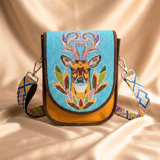 Deer Portrait Beaded Turquoise Canvas Crossbody Bag