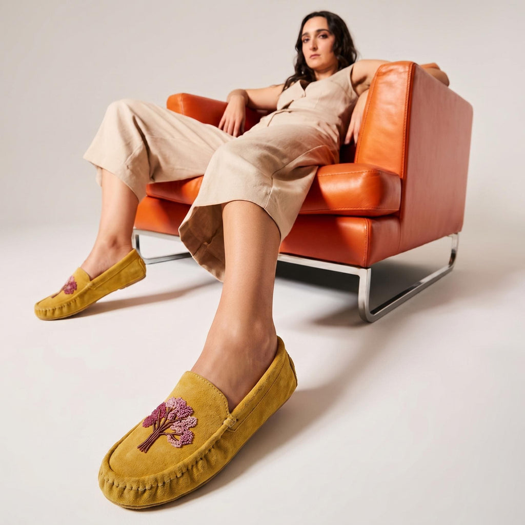 Weskara Hand Beaded Tree Moccasins Handmade Unique Soft Sole Slip on Shoes For Women