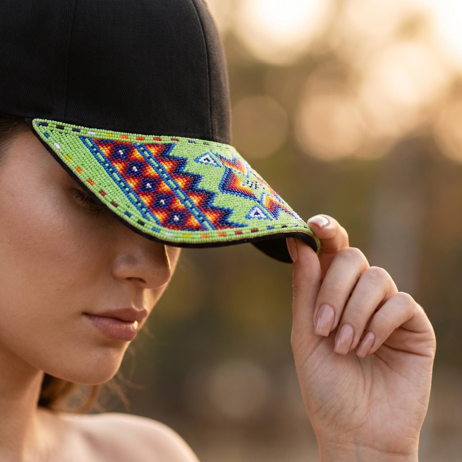 Geometric - Lime Green - Grey Beaded Baseball Cap - Handmade Native American Style Adjustable Unisex Cotton Hat For Men & Women