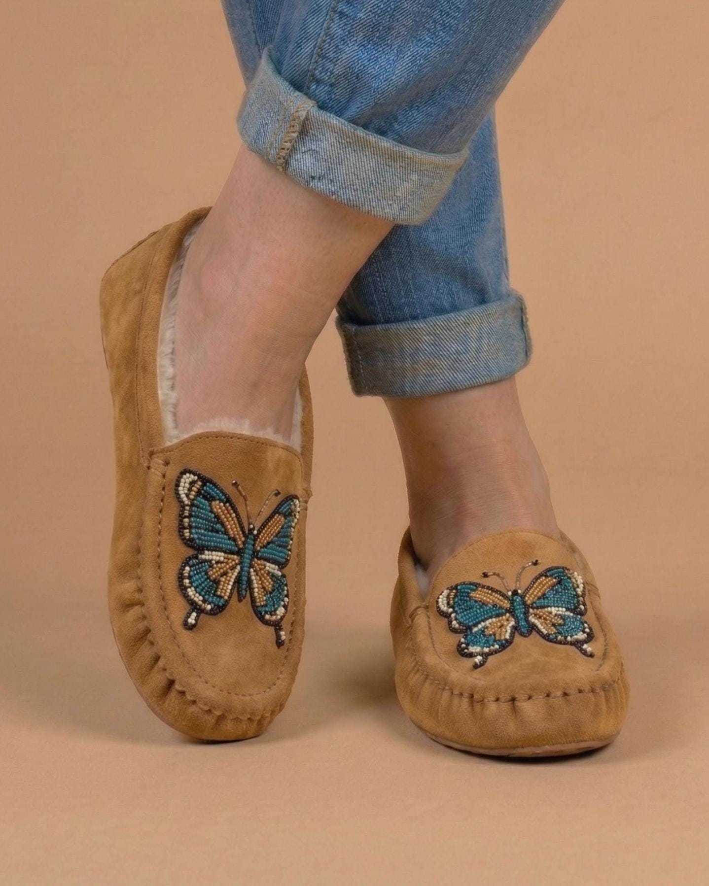 Peach Butterfly Beaded Moccasins. Handmade Unique Soft Sole Slip on Shoes For Women