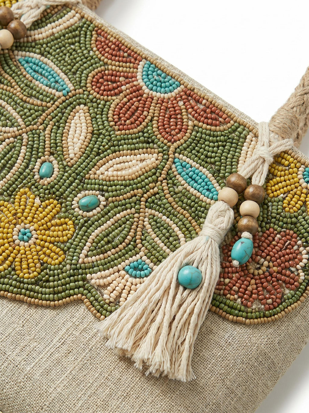 Handmade Floral Canvas Tote Bag. Beaded Large Artisan Summer Handbag