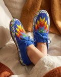Handmade Beaded Suede Moccasins: Blue Lace-Up Leather Footwear For Women