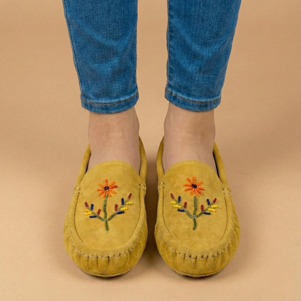 Orange Beaded Handmade Yellow Suede Moccasins - Stylish Modern Flower Design Leather Loafers.