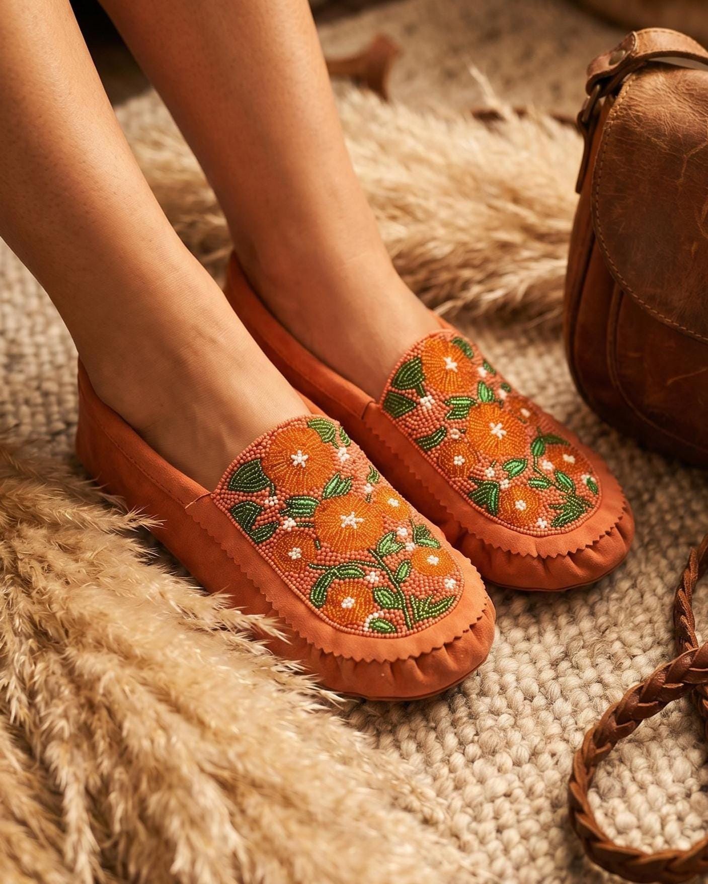 Handmade Suede Moccasins. Stylish Modern Beaded Leather Shoes For Women