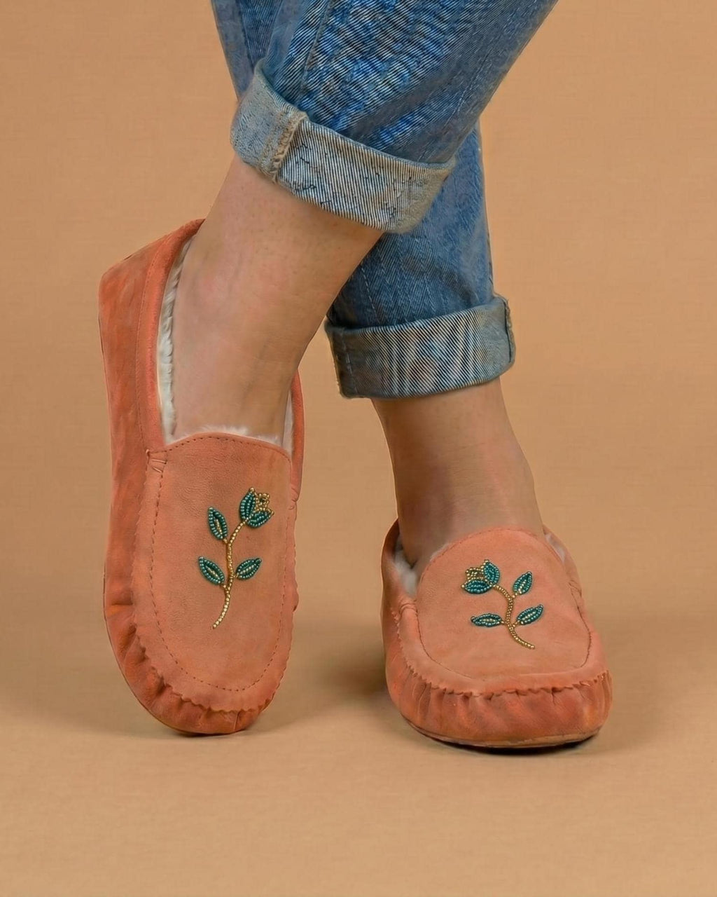 Peach Beaded Flower Moccasins. Handmade Unique Soft Sole Slip on Shoes For Women