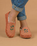 Peach Beaded Flower Moccasins. Handmade Unique Soft Sole Slip on Shoes For Women