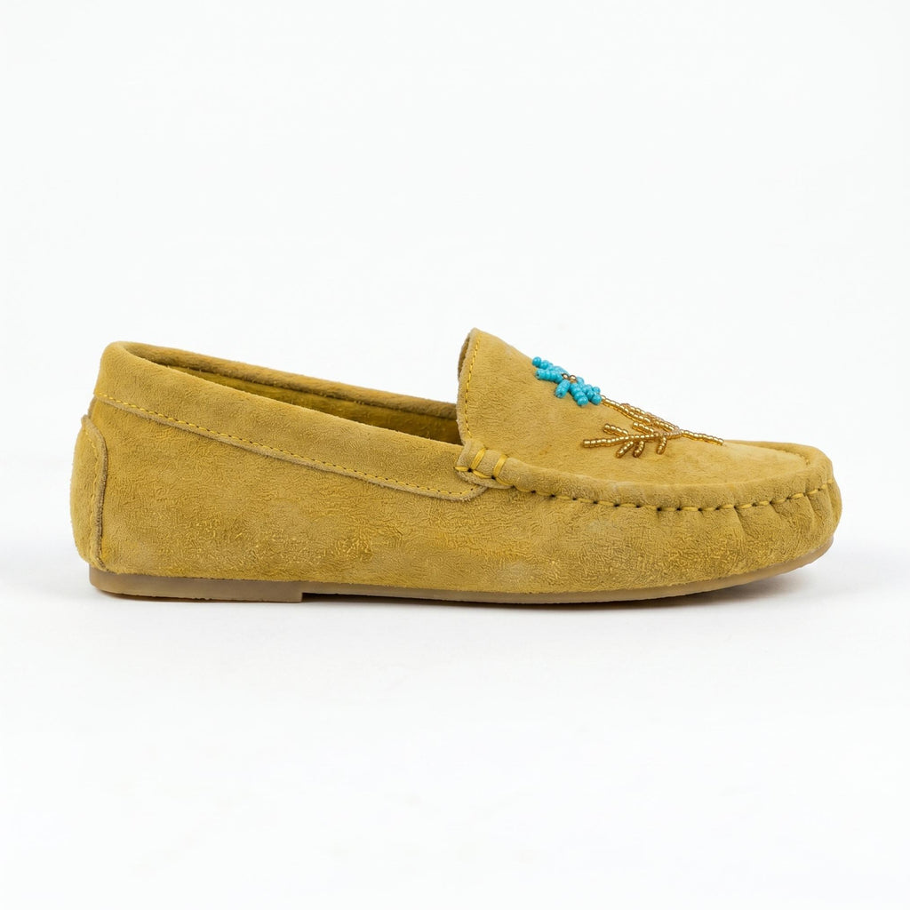 Handmade Yellow Suede Moccasins - Stylish Modern Aqua Flower Beaded Leather Loafers.