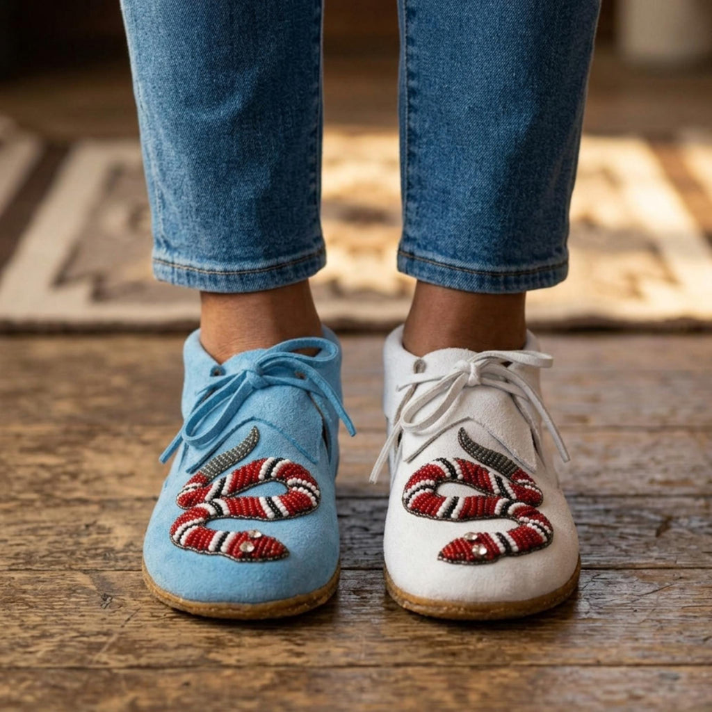 Dual Color Unique Snake Design Moccasins. Handmade Lace Up Suede Shoes For Women. Suitable For Outdoor Wear and Gifting.