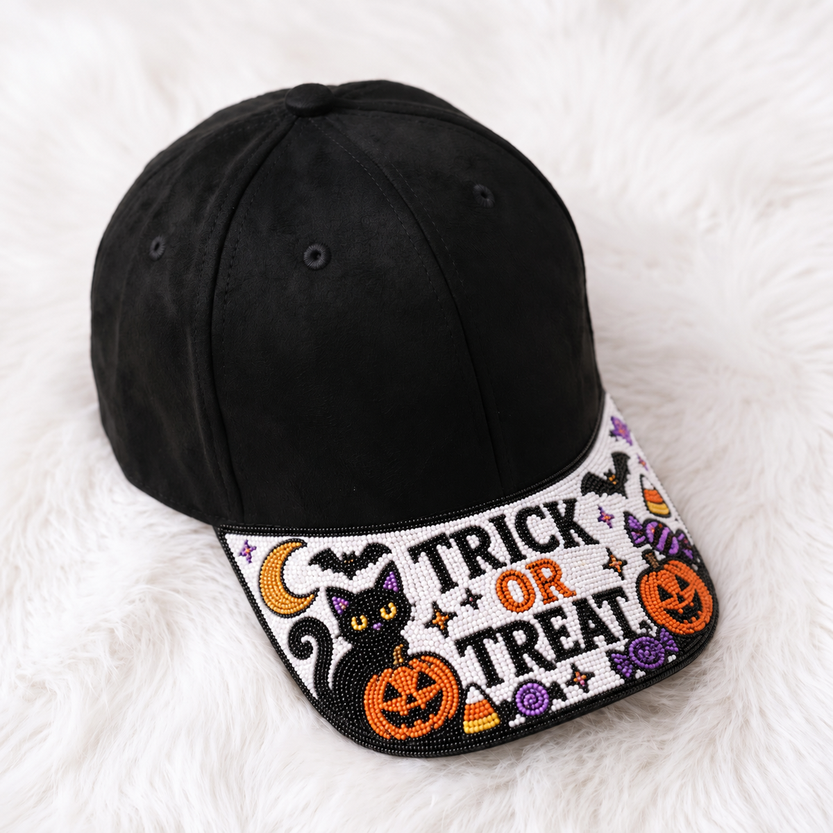 Halloween beaded baseball cap with black cat pumpkins candy corn and Trick or Treat design