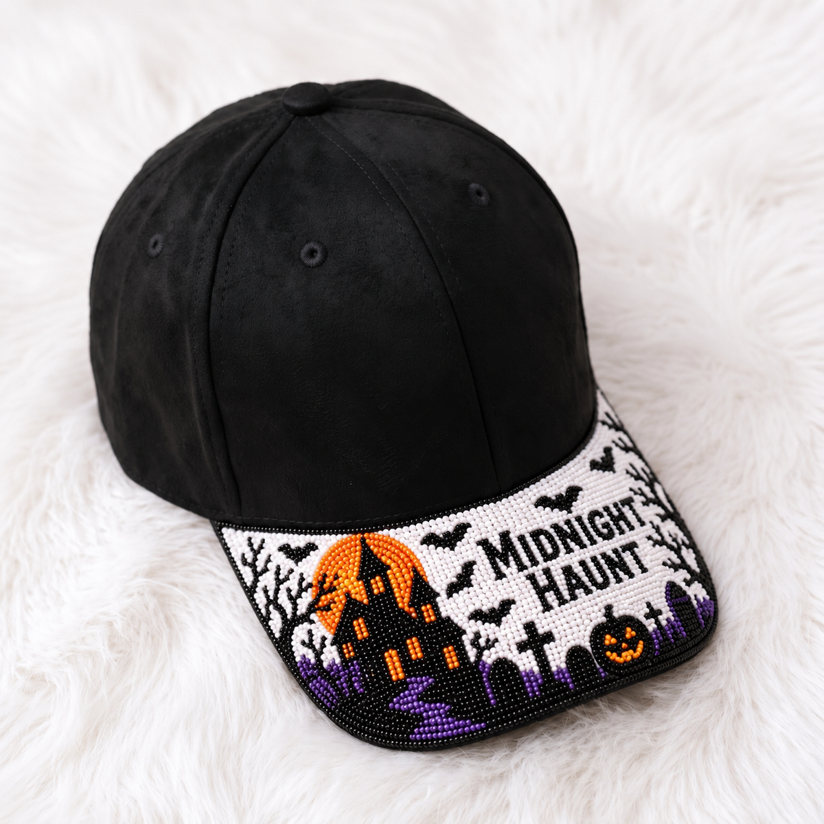 Halloween beaded baseball cap with haunted mansion graveyard moon bats and Midnight Haunt design