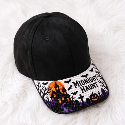 Halloween beaded baseball cap with haunted mansion graveyard moon bats and Midnight Haunt design