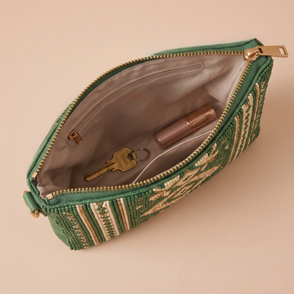 Green geometric hand-beaded crossbody bag interior