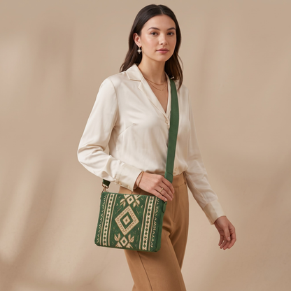 Green geometric hand-beaded crossbody bag worn by model