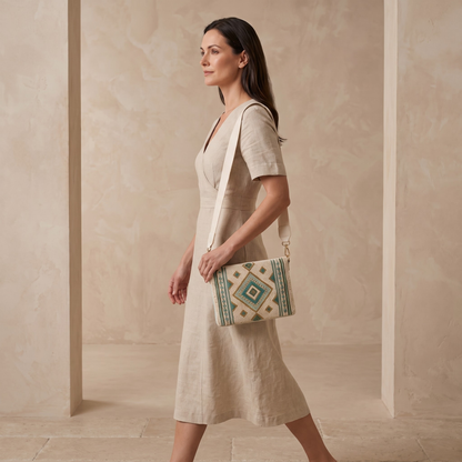 Ivory geometric hand-beaded crossbody bag worn by model