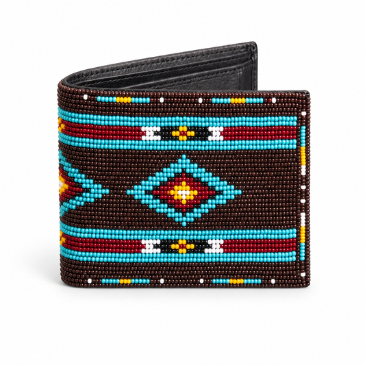 W20 turquoise center diamond beaded leather wallet on white background