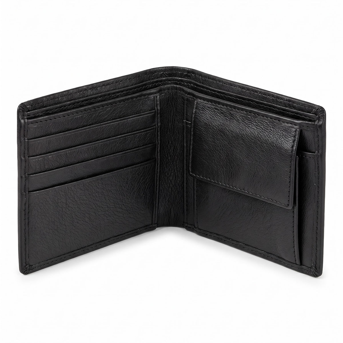 Black leather bifold wallet interior with 4 card slots, 1 coin pocket and 2 slip pockets