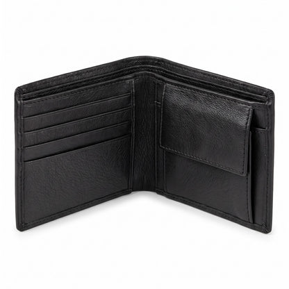 Black leather bifold wallet interior with 4 card slots, 1 coin pocket and 2 slip pockets