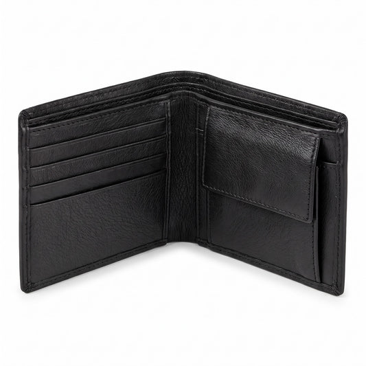 Black leather bifold wallet interior with 4 card slots, 1 coin pocket and 2 slip pockets