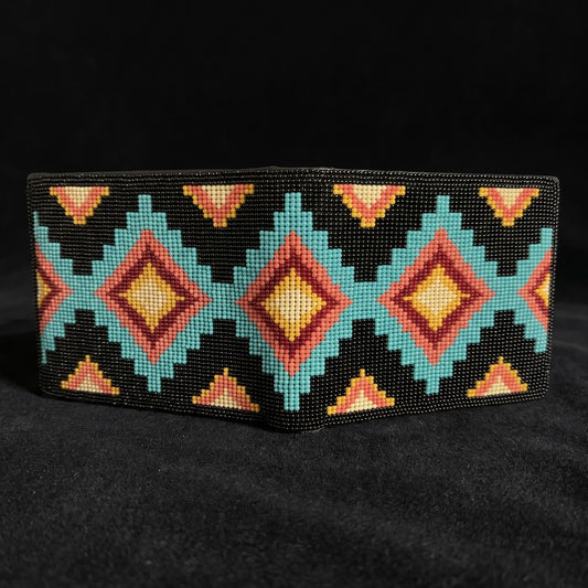 Alternate unfolded view of black beaded leather wallet with turquoise coral cream and orange geometric diamonds