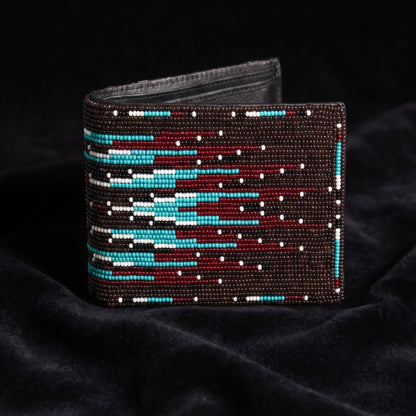 Dark brown hand-beaded leather bifold wallet with turquoise red white and orange geometric stripe pattern