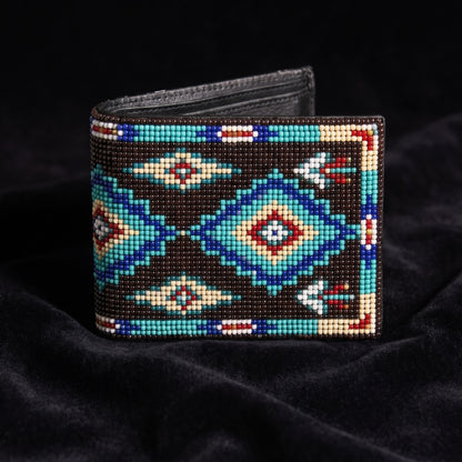 Dark brown hand-beaded leather bifold wallet with turquoise diamond motifs and white black geometric accents