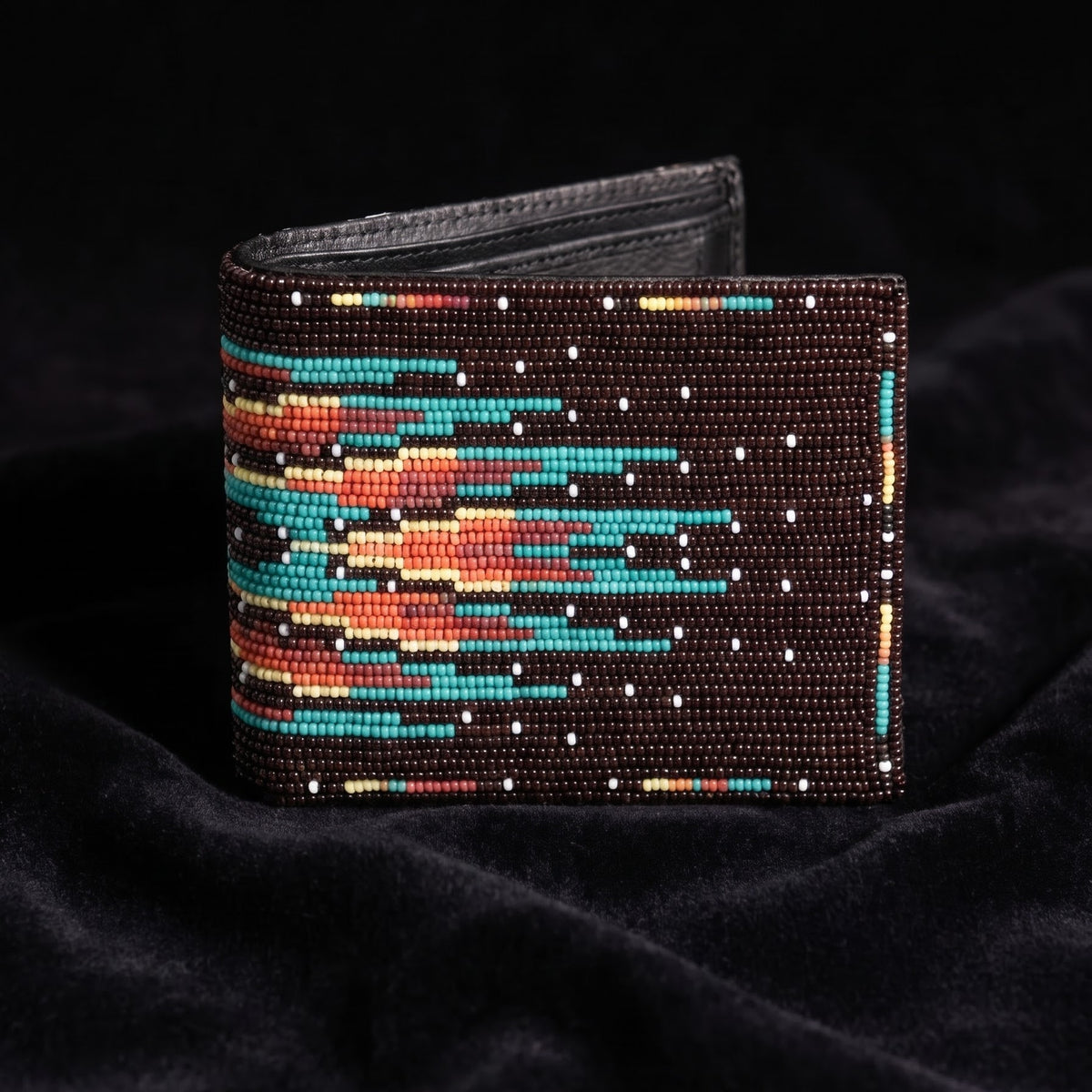 Dark brown hand-beaded leather bifold wallet with turquoise orange cream and red horizontal feather stripe design