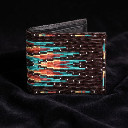 Dark brown hand-beaded leather bifold wallet with turquoise orange cream and red horizontal feather stripe design