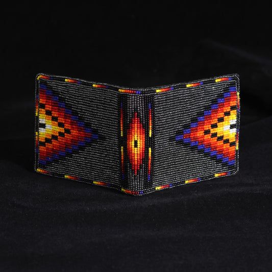 Black leather bifold wallet with orange yellow and blue hand-beaded arrow and center diamond design